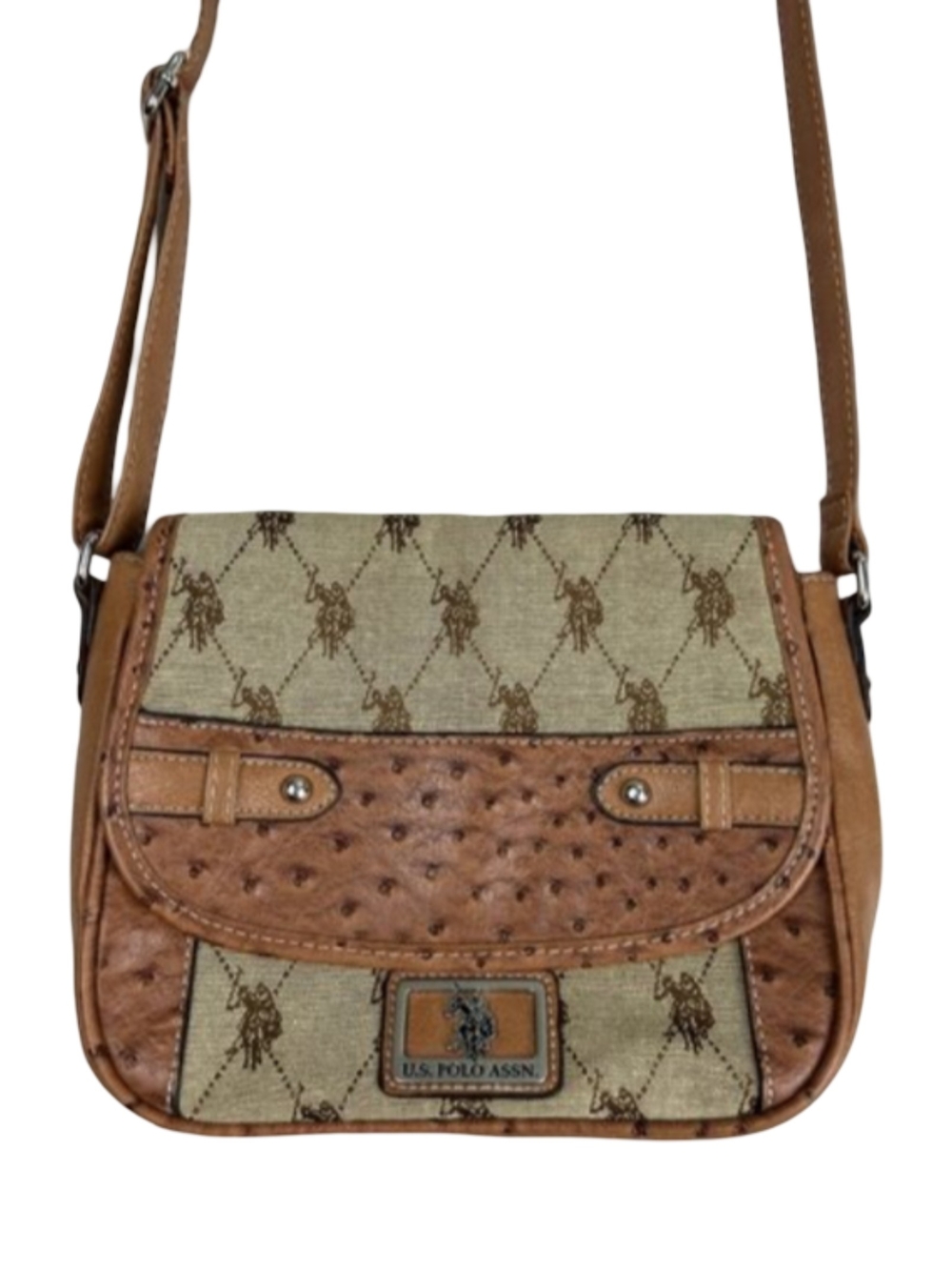US Polo Assn Canvas & Faux Ostrich Leather Shoulder Bag Purse Crossbody Vintage